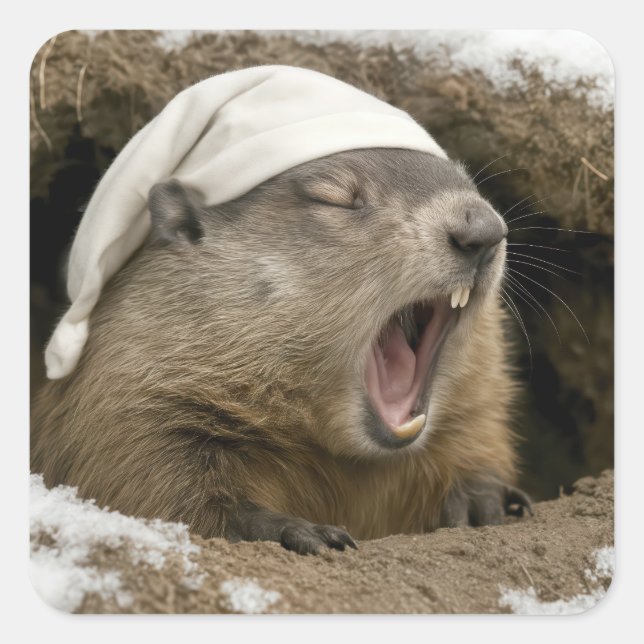 Pegatina Cuadrada Marmota bostezando con gorro de dormir (Anverso)