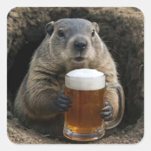Pegatina Cuadrada Marmota con taza de cerveza