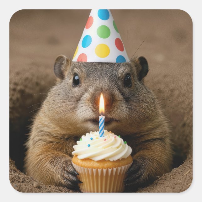 Pegatina Cuadrada Marmota de cumpleaños con un pastelito (Anverso)
