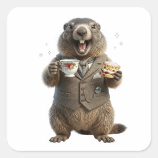 Pegatina Cuadrada Marmota elegante bebiendo té