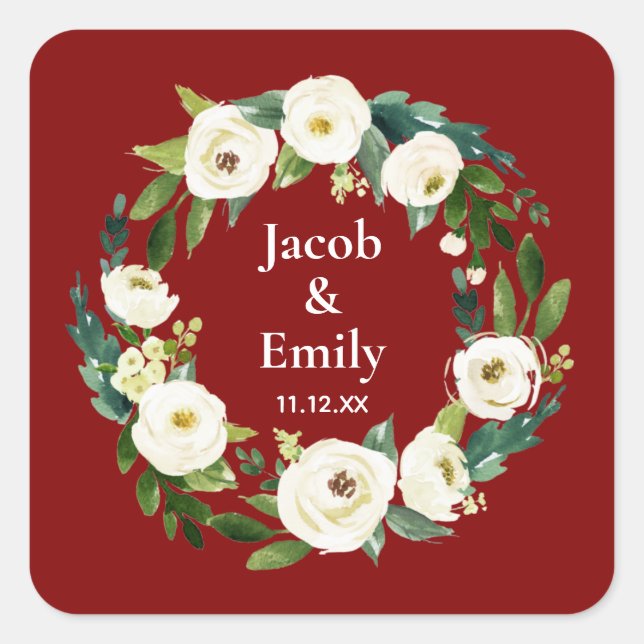 Pegatina Cuadrada Maroon Greenery Personalized Names Date Boda (Anverso)
