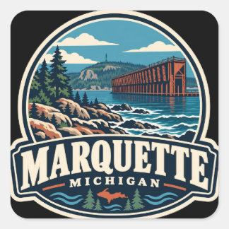 Pegatina Cuadrada Marquette Michigan Lago Superior Viajes Vintage EE