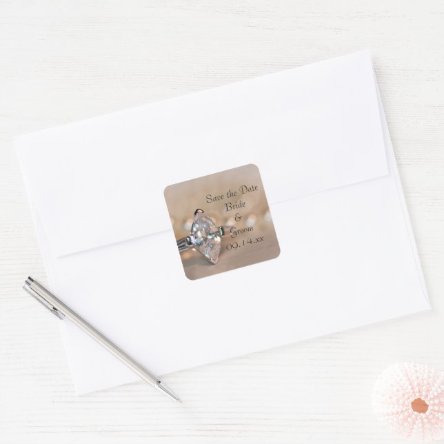 Pegatina Cuadrada Marquise Diamond Ring Wedding Save the Date (Sobre)