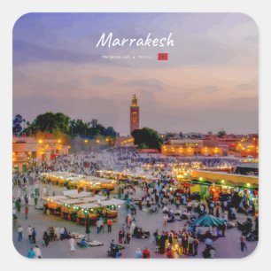 Pegatina Cuadrada Marrakech, Marruecos - Plaza Jemaa el Fnaa