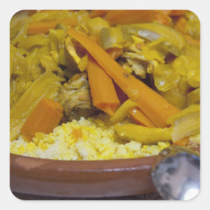 Pegatina Cuadrada Marruecos, Tetuán. Comida tradicional marroquí de
