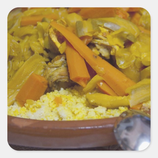 Pegatina Cuadrada Marruecos, Tetuán. Comida tradicional marroquí de (Anverso)