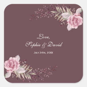 Pegatina Cuadrada Marsala Maroon Floral Watercolor Boda