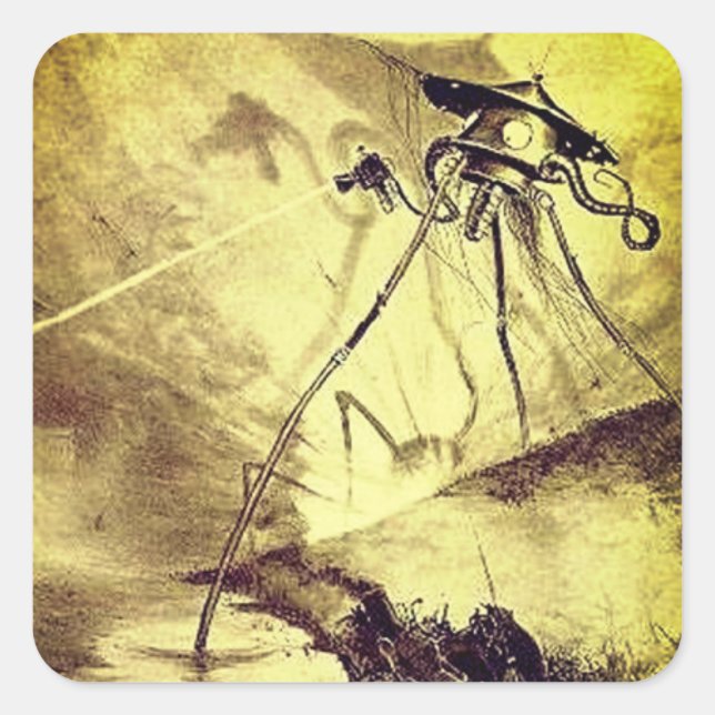 Pegatina Cuadrada Martianos lanzando radios térmicas (Anverso)