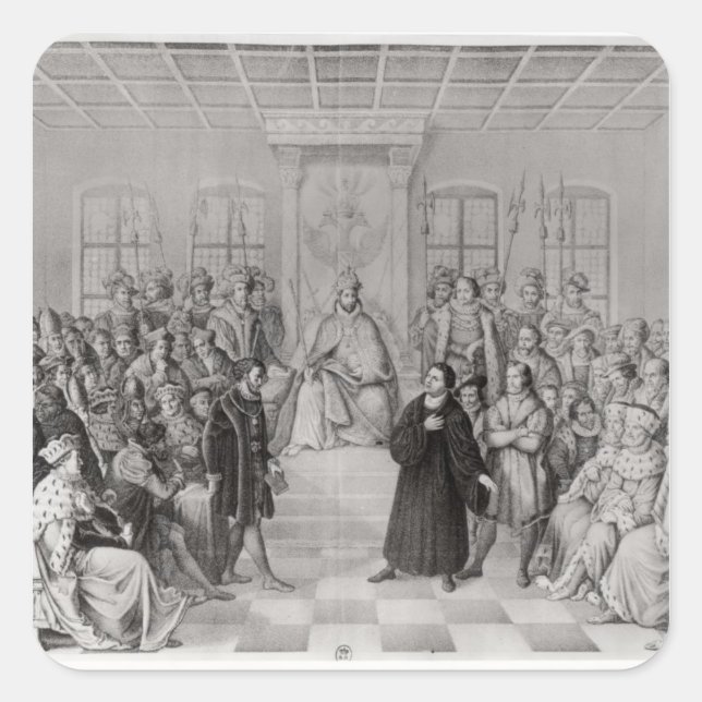 Pegatina Cuadrada Martin Luther delante de Carlos V (Anverso)