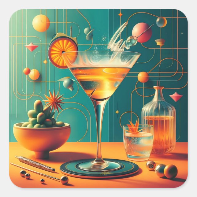 Pegatina Cuadrada Martini Cósmico Futurista Atómico (Anverso)
