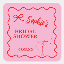 Pegatina Cuadrada Martini de Despedida de Soltera Retro Rosa y Rojo 