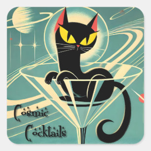 Pegatina Cuadrada Martini de gato negro de la era espacial futurista
