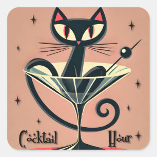 Pegatina Cuadrada Martini de gato negro de la era espacial futurista