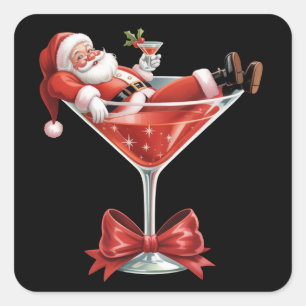 Pegatina Cuadrada Martini de Navidad desordenado de Santa divertido