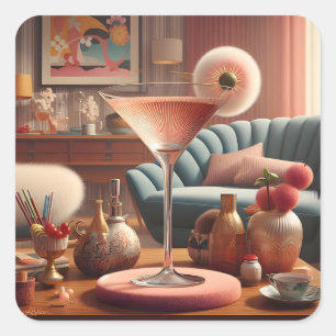 Pegatina Cuadrada Martini Futurista Atómico de Flor de Cerezo