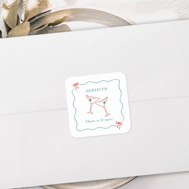 Pegatina Cuadrada Martini saluda la fiesta de cumpleaños de 21 años (Martini Cheers to 21 Years Birthday Party Invitation Square Envelope Seal Stickers)