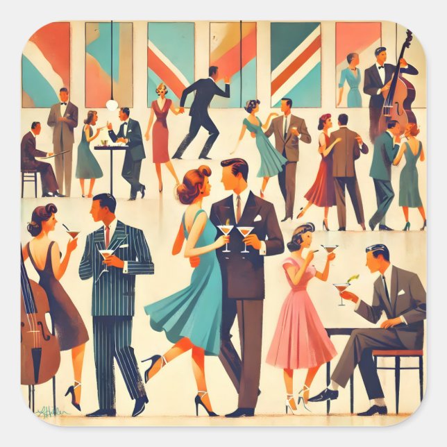 Pegatina Cuadrada Martinis Modernos De Mediados Del Siglo En El Club (Anverso)