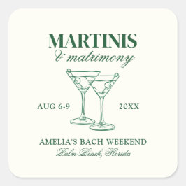 Pegatina Cuadrada Martinis y Matrimonia Bachelorette Weekend