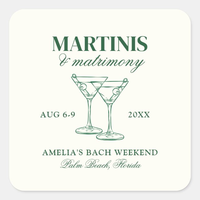 Pegatina Cuadrada Martinis y Matrimonia Bachelorette Weekend (Anverso)