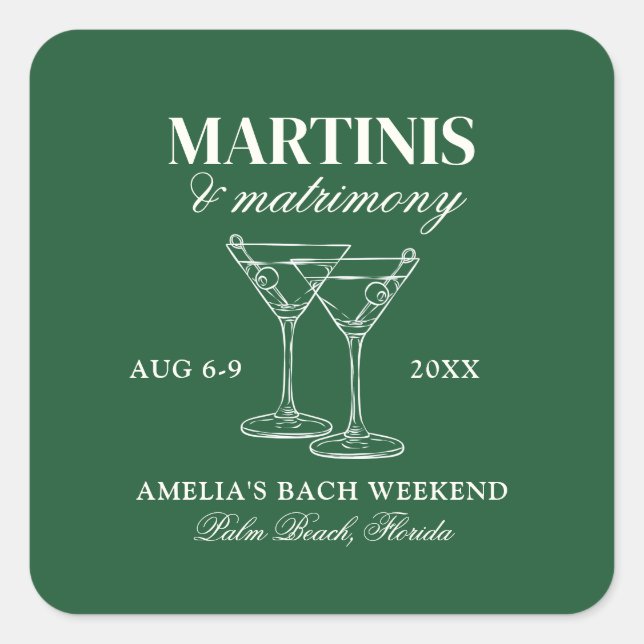 Pegatina Cuadrada Martinis y Matrimonia Bachelorette Weekend (Anverso)