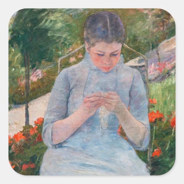 Pegatina Cuadrada Mary Cassatt - Chica cosiendo en un jardín (Anverso)