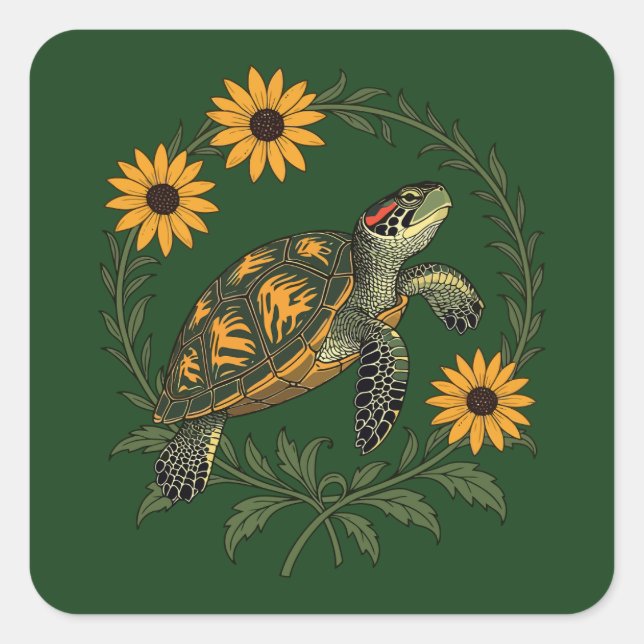 Pegatina Cuadrada Maryland Terrapin And Black Eyed Susan Flowers (Anverso)