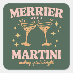 Pegatina Cuadrada Más alegre con un Martini Navidad Cóctel Fiesta 
