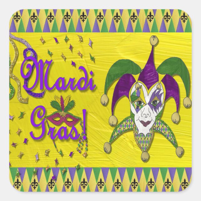 Pegatina Cuadrada Máscara de Bufón Mardi Gras Arlequín (Anverso)