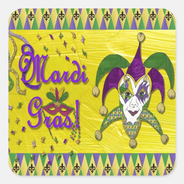 Pegatina Cuadrada Máscara de Bufón Mardi Gras Arlequín (Anverso)