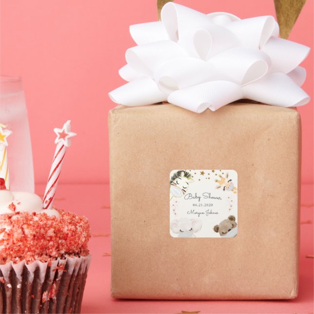 Pegatina Cuadrada máscara de cara animal monograma de ducha de bebé (Fiesta)