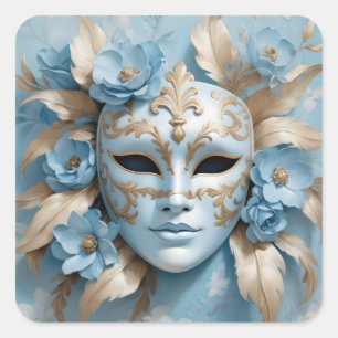 Pegatina Cuadrada Máscara de carnaval azul y dorado