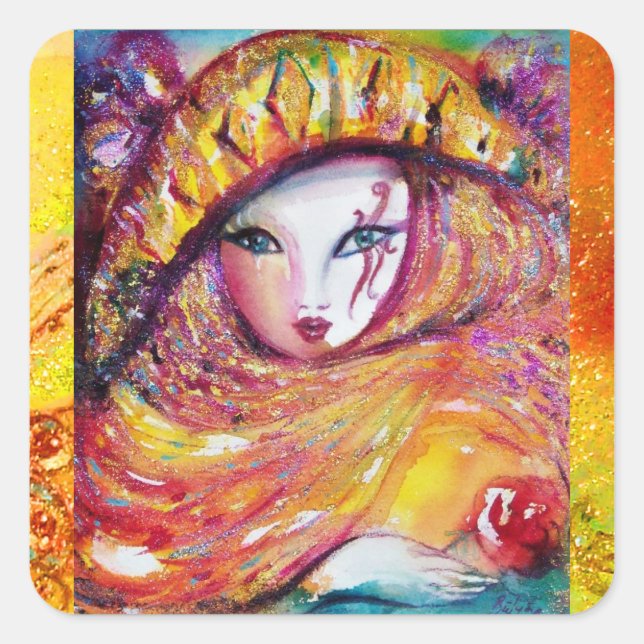 PEGATINA CUADRADA MÁSCARA DE CARNAVAL EN AMARILLO CON ROSA ROJA (Anverso)