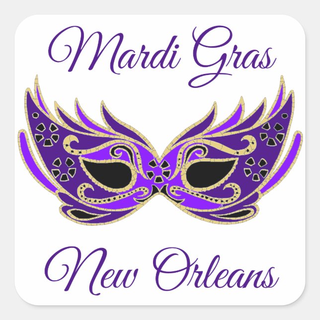 Pegatina Cuadrada Máscara de Mardi Gras Nueva Orleans (Anverso)