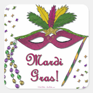Pegatina Cuadrada Máscara de Mardi Gras Plumas Cuentas
