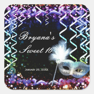 Pegatina Cuadrada Máscara de Máscara de Disfraz de Arcoíris Cumpleañ