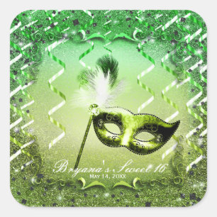 Pegatina Cuadrada Máscara de Mascarada Verde Fiesta de Baile Elegant