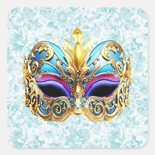 Pegatina Cuadrada Máscara de máscaras con adornos dorados (Anverso)
