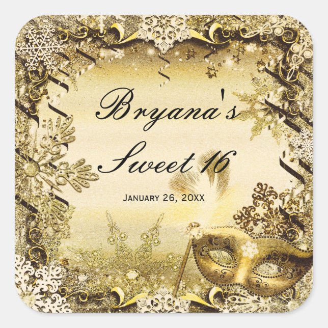 Pegatina Cuadrada Máscara de máscaras de oro y copos de nieve de inv (Anverso)