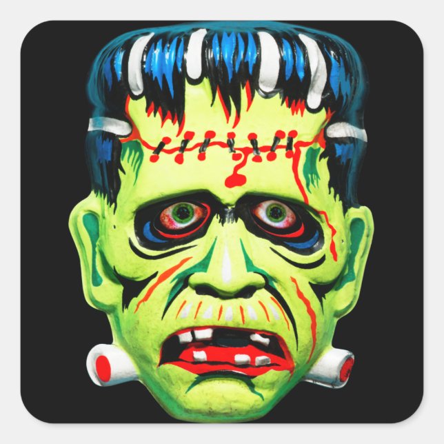 Pegatina Cuadrada Máscara de Monstruo Verde Adorables (Anverso)