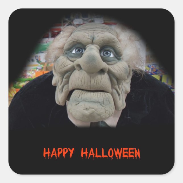 Pegatina Cuadrada Máscara de viejo con fondo negro (Anverso)