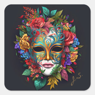 Pegatina Cuadrada Máscara floral del Carnaval brasileño