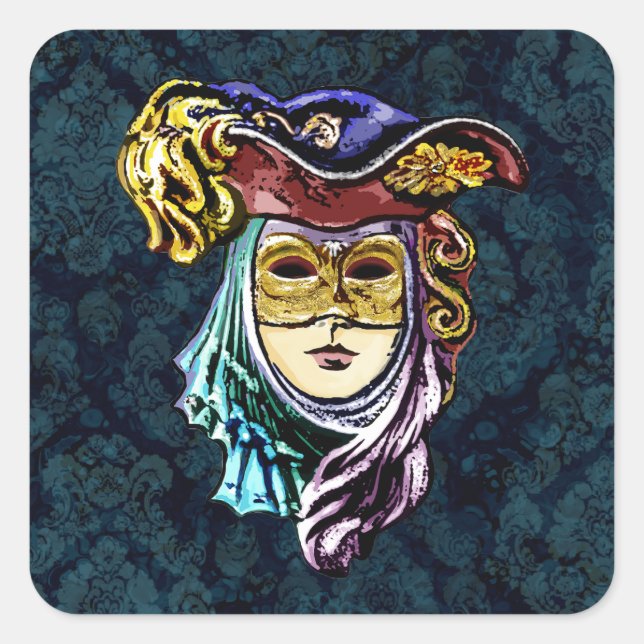 Pegatina Cuadrada Máscara veneciana sobre fondo oscuro de damasco (Anverso)