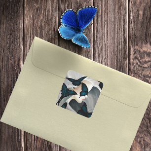 Pegatina Cuadrada Mascarada de Mariposa Azul Fantasía Elegante