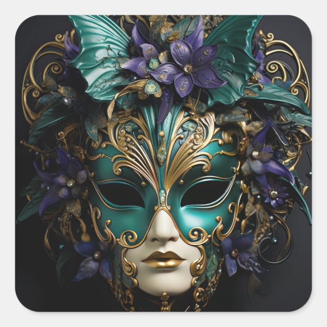 Pegatina Cuadrada Mascarada de Purple Aqua Mascarea Drama Mardi Gras (Anverso)