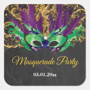 Pegatina Cuadrada Mascarada Fiesta Noche mágica Oro Púrpura Verde