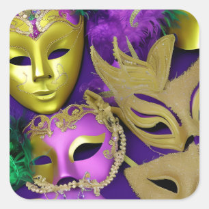 Pegatina Cuadrada Mascaradas púrpura y dorada máscaras Mardi Gras