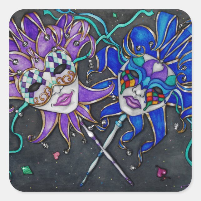 Pegatina Cuadrada Máscaras de Jester de Comedia/Tragedia (Anverso)