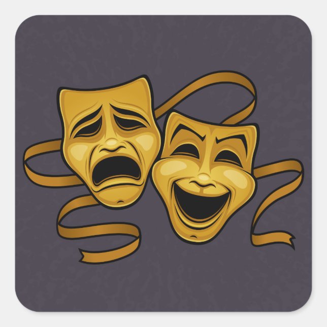 Pegatina Cuadrada Máscaras De Teatro De Comedia De Oro Y Tragedia (Anverso)