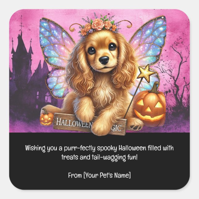 Pegatina Cuadrada Mascota de Perro Halloween con disfraces aterrador (Anverso)