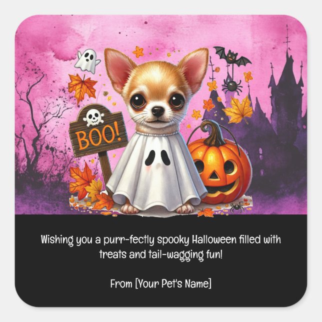 Pegatina Cuadrada Mascota de Perro Halloween con disfraces aterrador (Anverso)